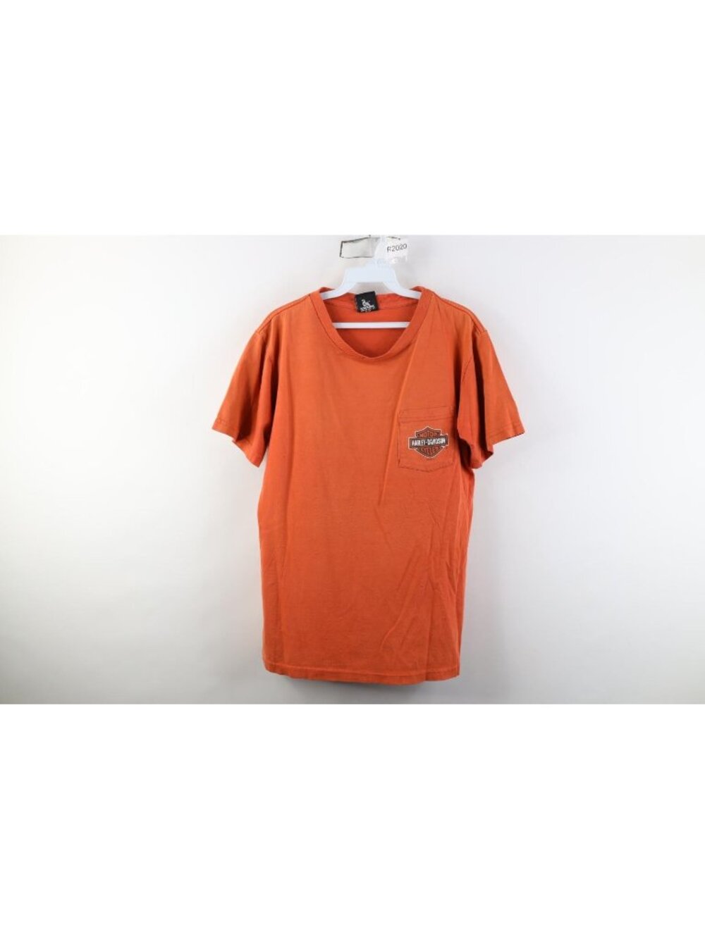 Vtg Y2K 2005 Harley Davidson Mens Medium Faded Spell Out Pocket T-Shirt Orange